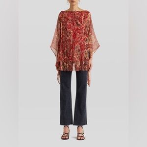 Etro Red Brocade Sheer Silk Kimono Sleeve Poncho Tunic Top